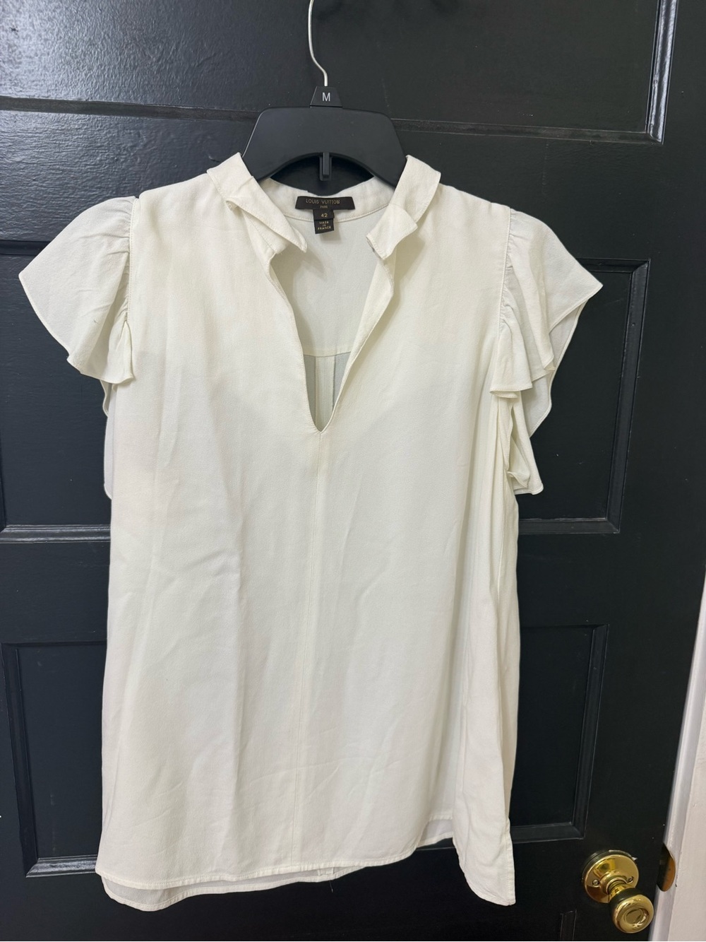 Louis Vui Cream Ruffle Sleeve V-Neck Blouse